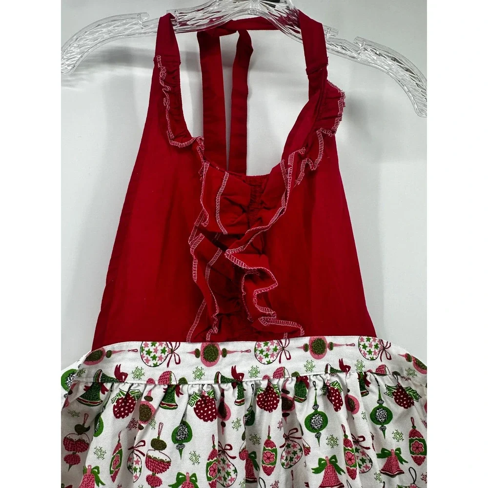Christmas Kitchen Apron Red Green Ornament Bell Print Ruffle Cotton